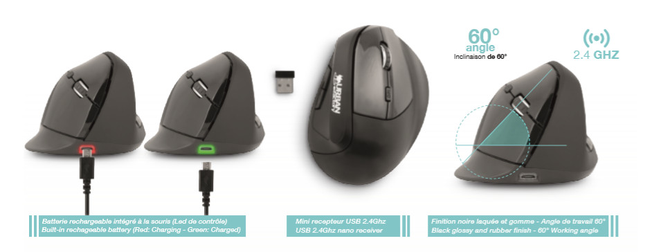 ERGO MAX: SOURIS ERGONOMIQUE SANS FIL BLUETOOTH 5.0 / 2.4GHZ / USB  VERTICALE POUR DROITIER